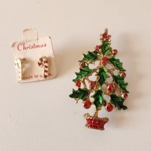 3/$15 Vintage vtg Christmas Tree Pin Candy Cane Earrings Studs Costume Jewelry